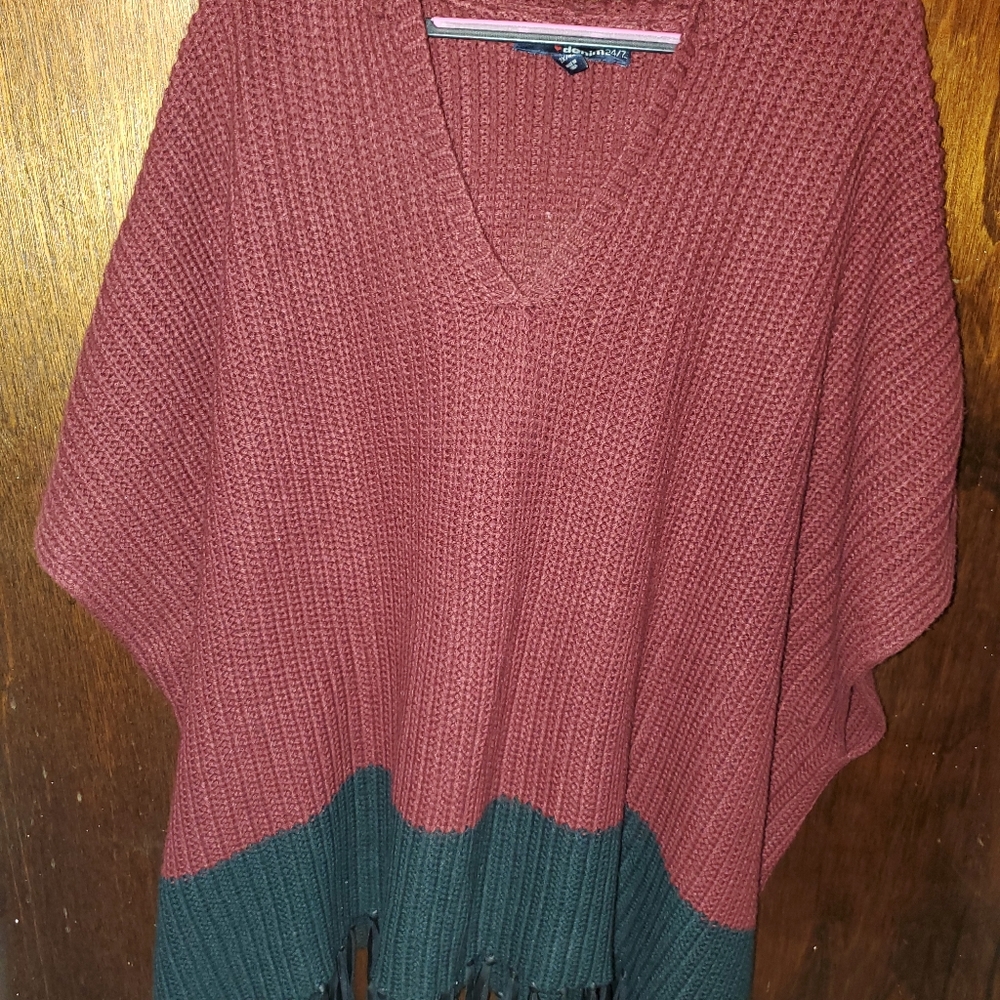 Hooded Poncho with faux leather fringe